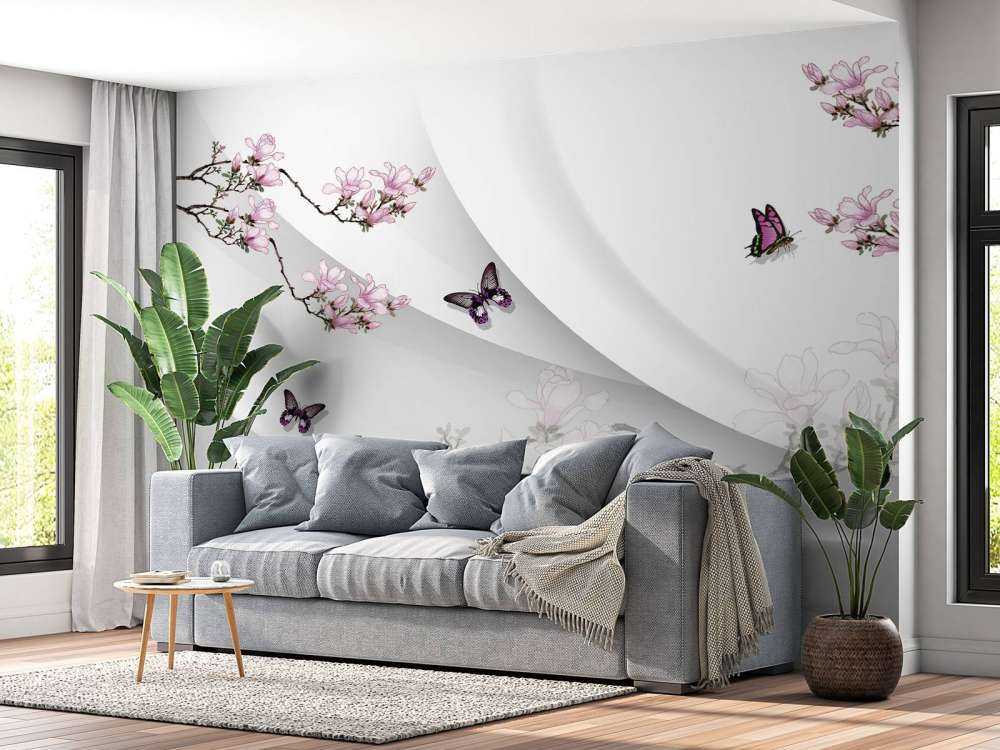 Hvid 3D-baggrund med dekorative blomster