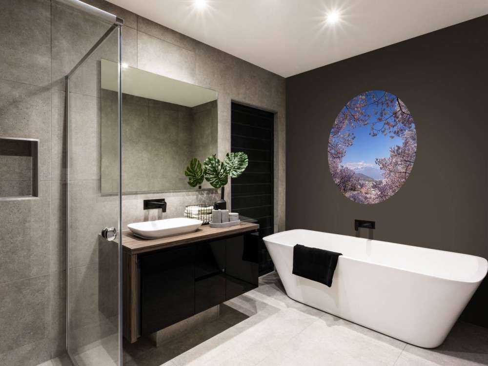 Rosa blommor med berg