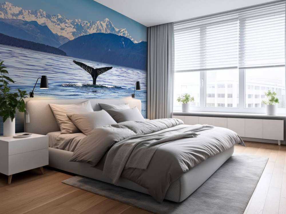 Dykkerhval med bjerge i tapeten