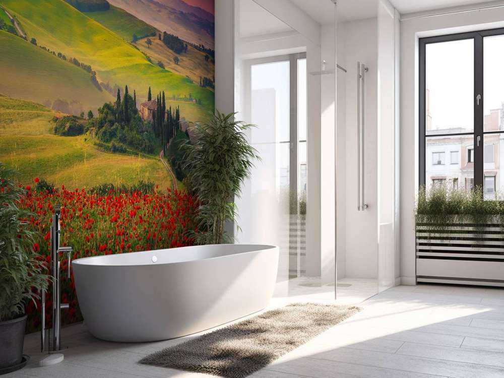 Røde valmuer med italiensk landskab