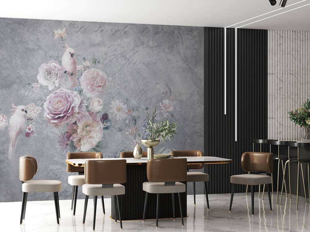 Papegøjer blandt blomster