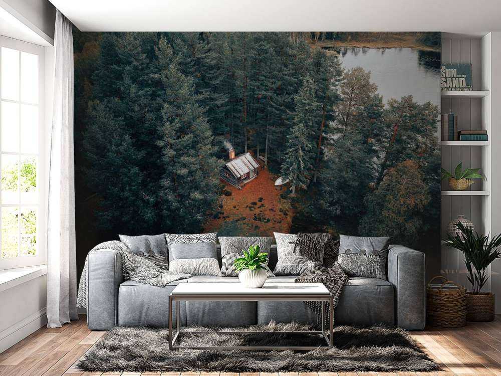 Hytte omgivet af skov og søer