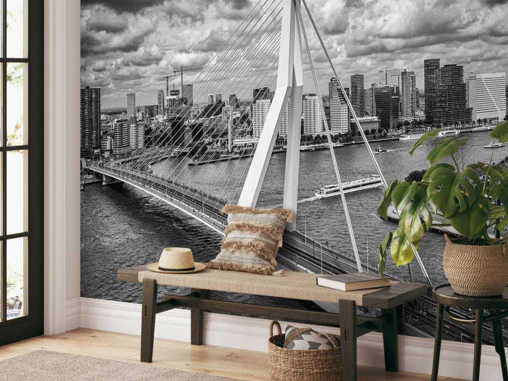 Rotterdams stadskärna från hög höjd i svartvitt 