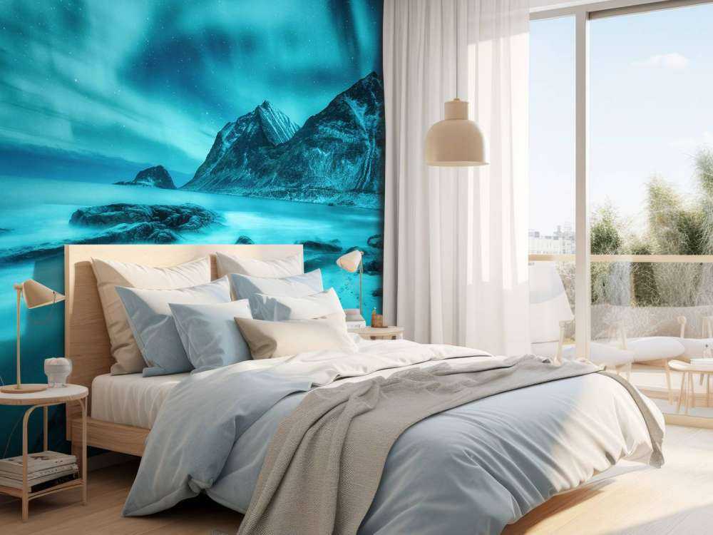 Blå norrsken med berg