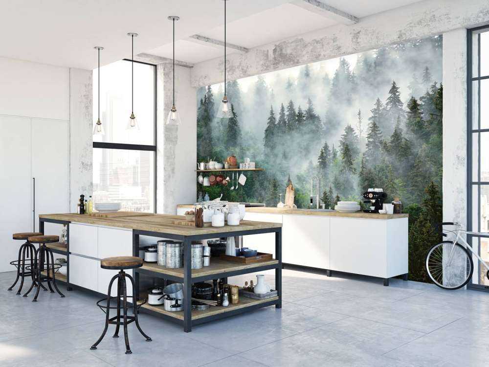 Dimmigt landskap med gröna träd