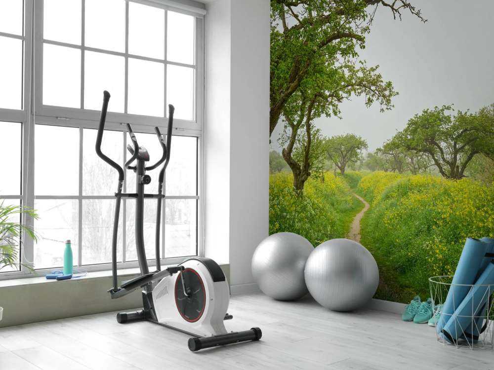 Svingende sti mellom åser med gule blomster