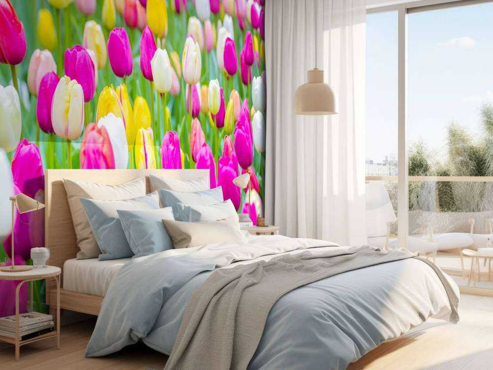 Fargerike tulipaner i en åker