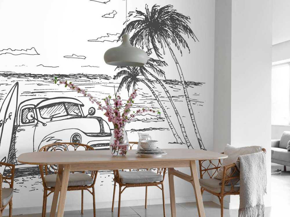 Tegnet strand i svart og hvitt