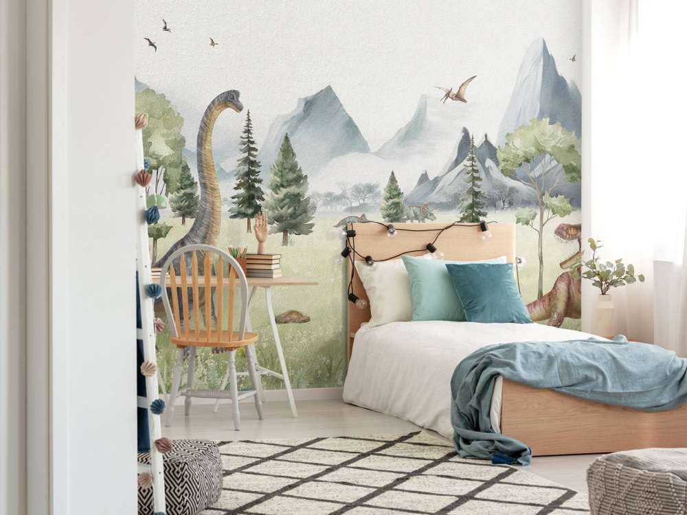 Landskap med dinosaurer i farger