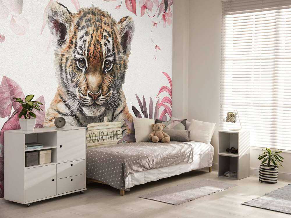 Söt tiger med växter rosa