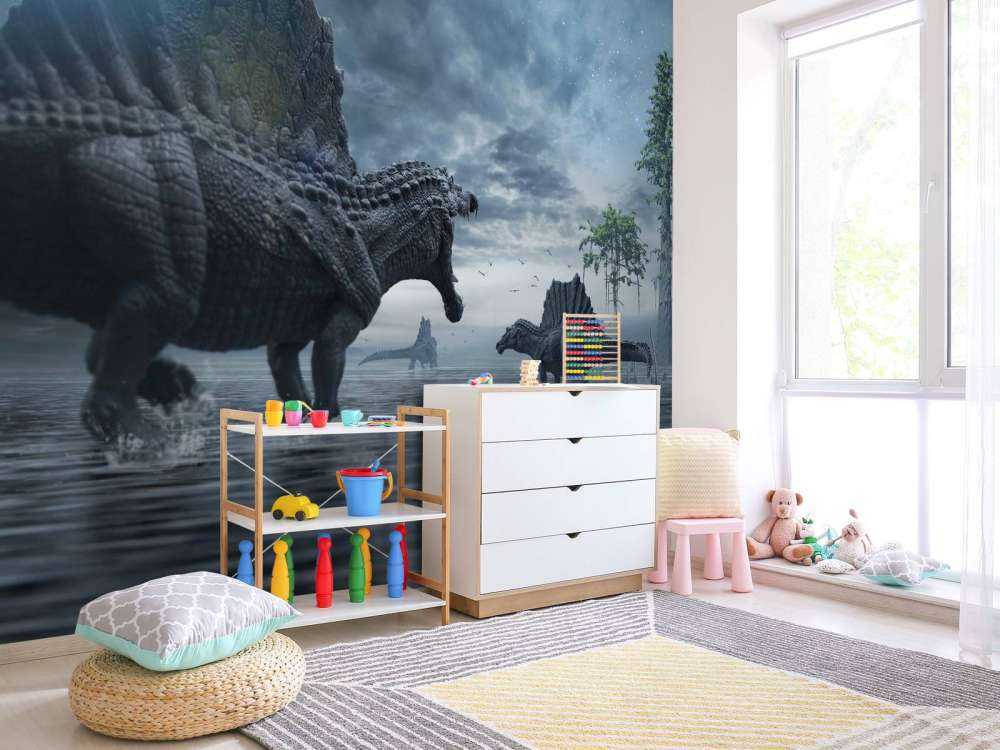 En grupp Spinosaurus i en jaktmark