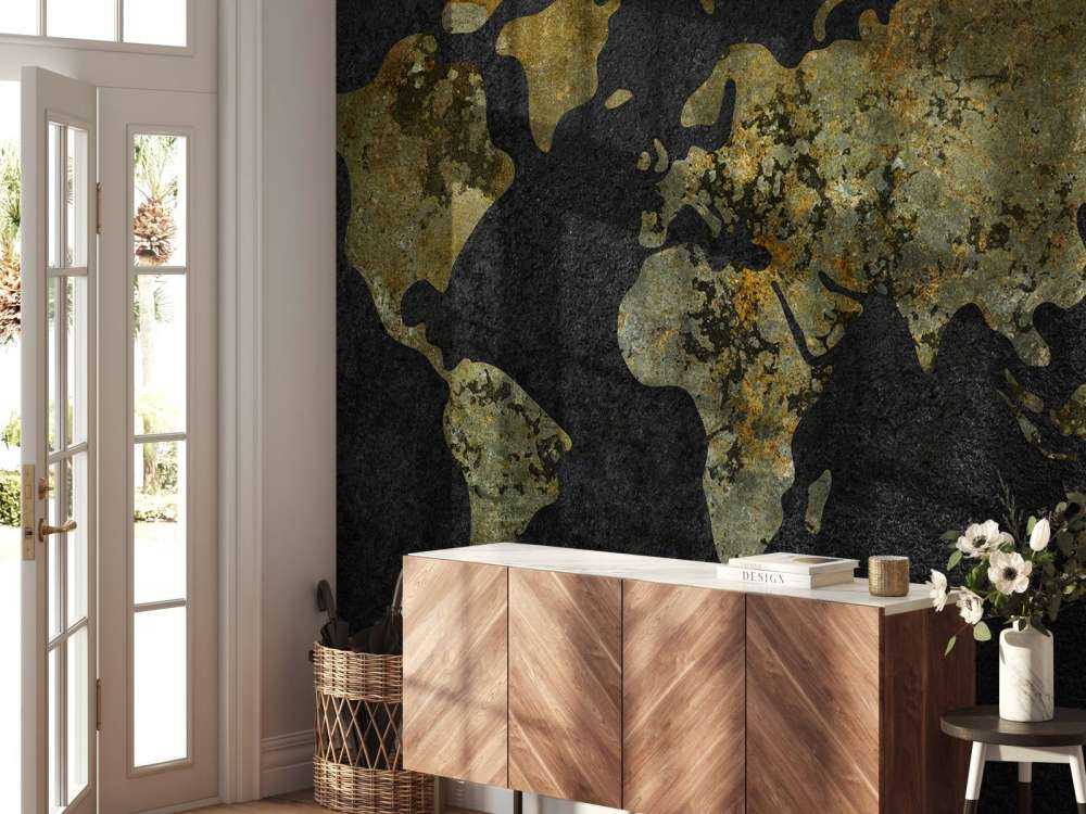 Verdenskort med guld-grøn tekstur