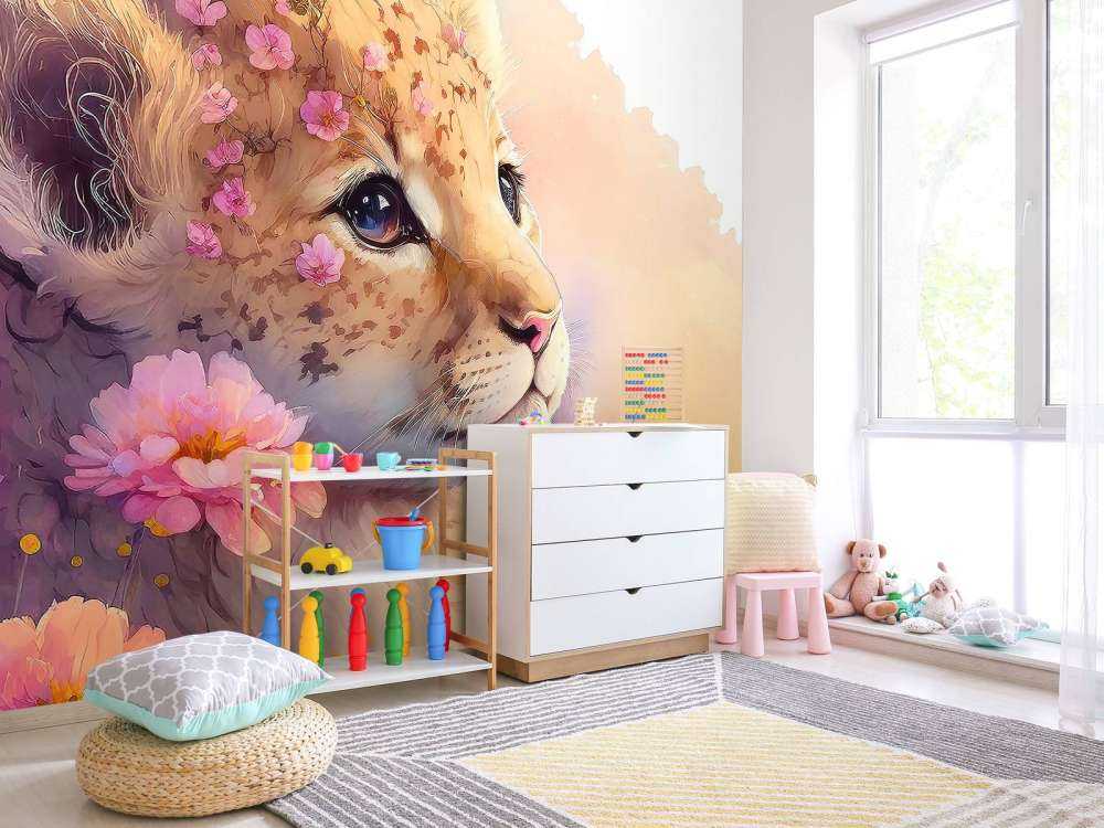 Drømmende valp mellom blomstene