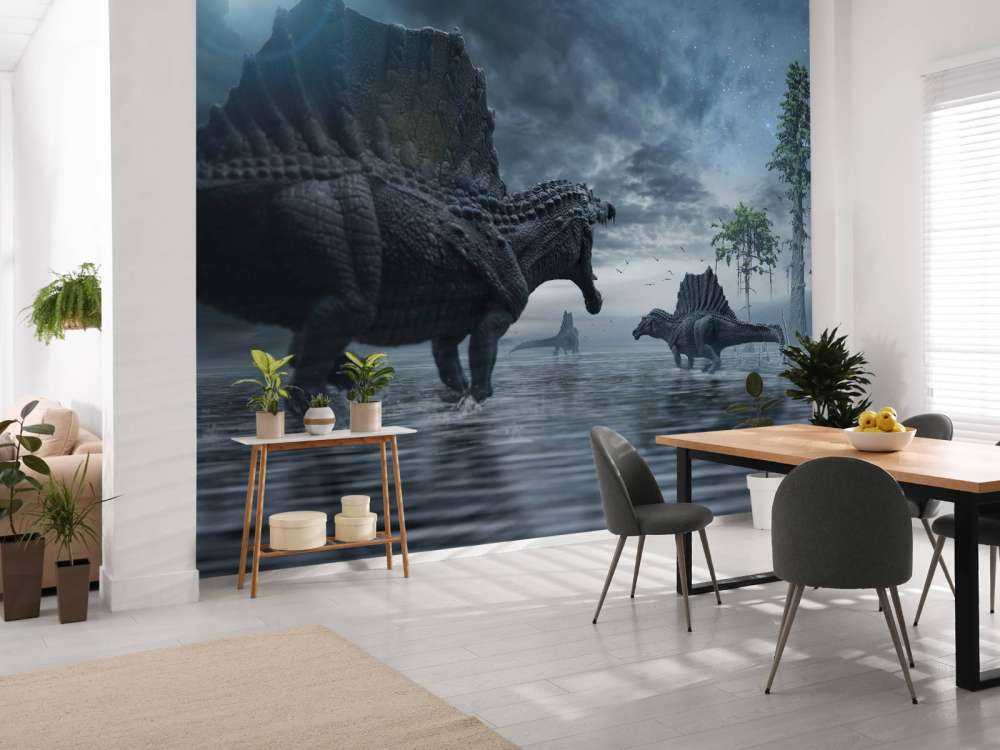 En grupp Spinosaurus i en jaktmark