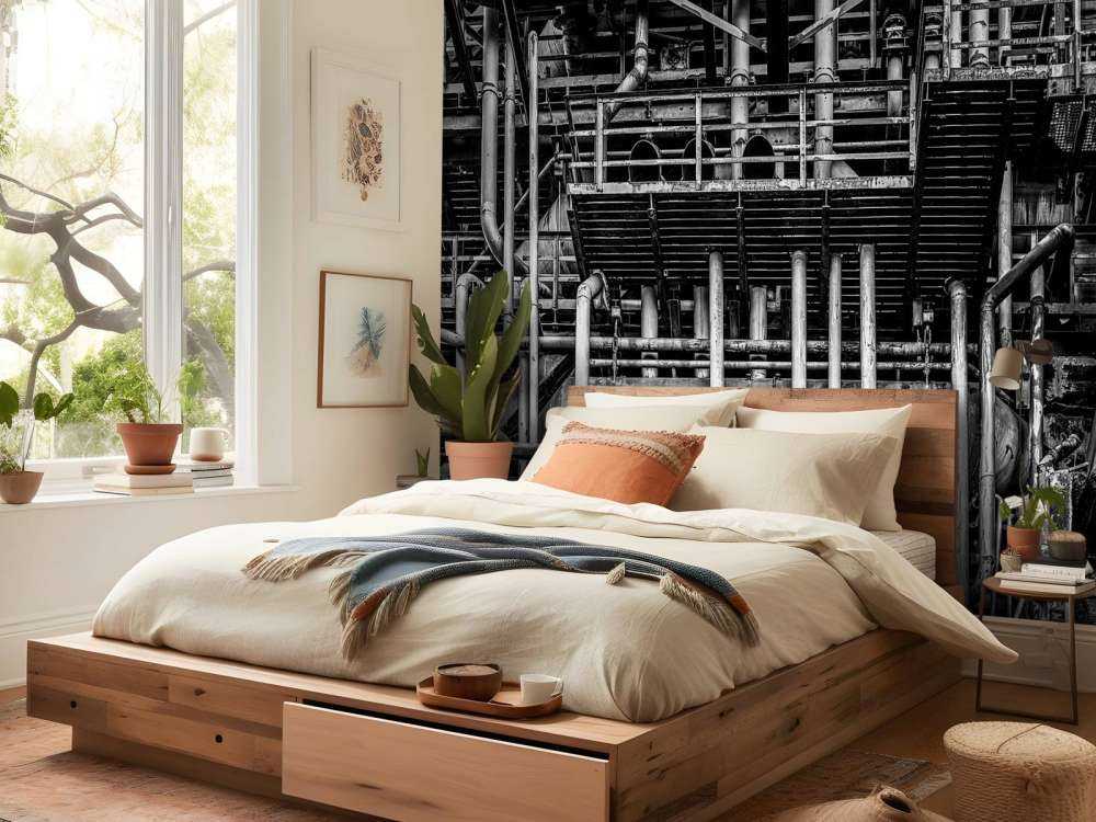 Gammal industrifabrik i svartvitt