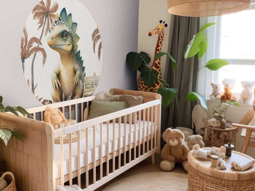 Baby stegosaurus i den taupefärgade djungeln