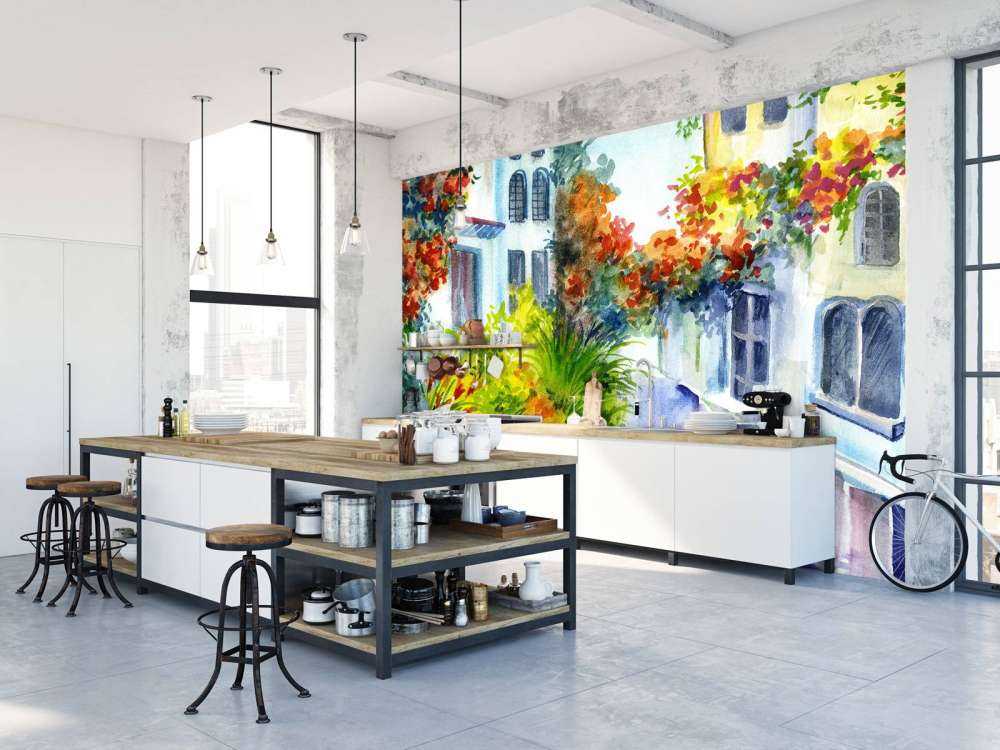 Akvarellblomster og bygninger