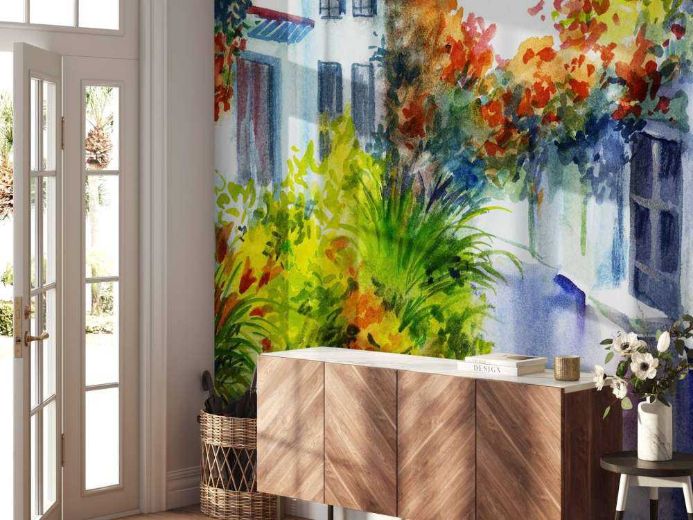 Akvarellblomster og bygninger