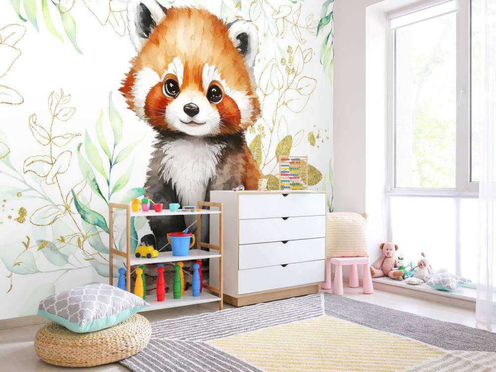 Söt röd panda och blad