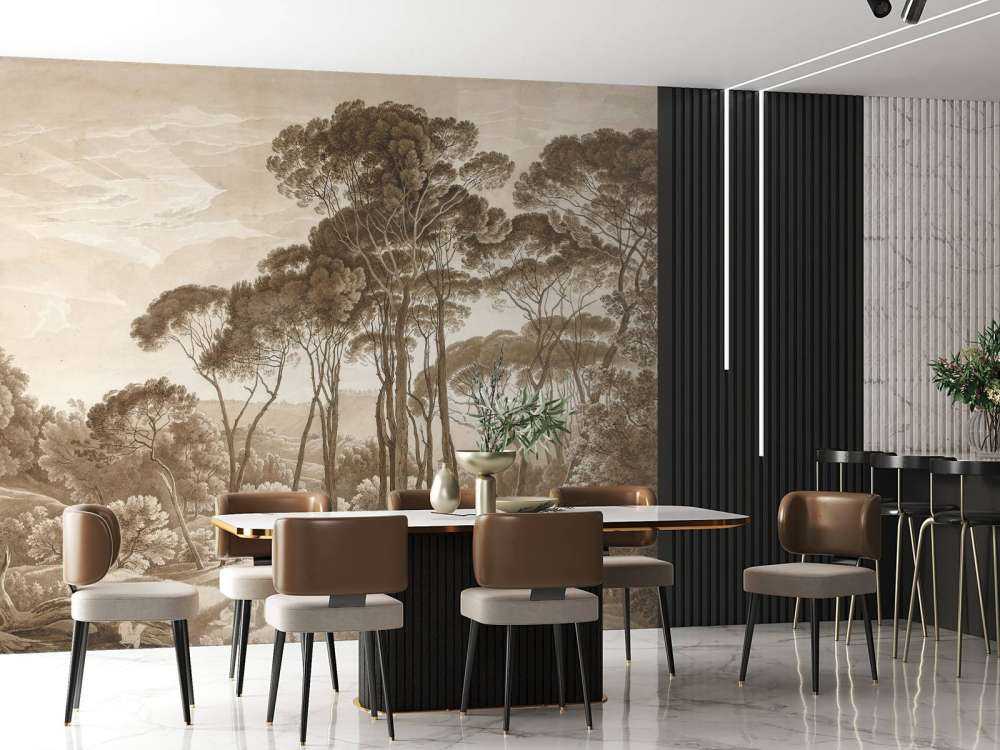 Skogslandskap nära Rom med nedåtgående sol