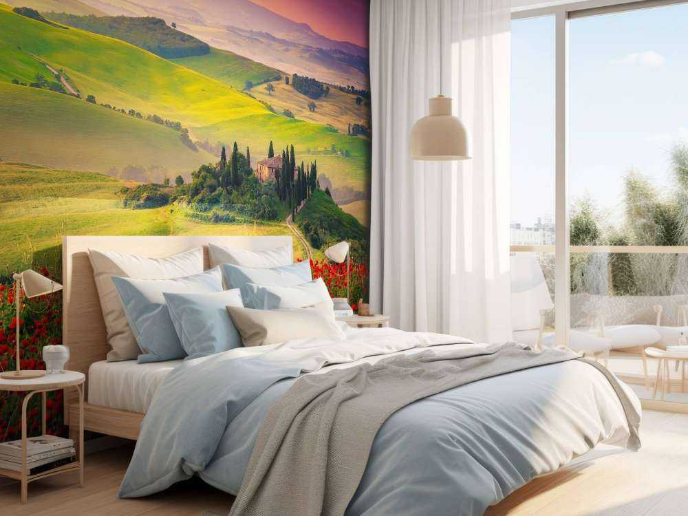 Röda vallmo med italienskt landskap