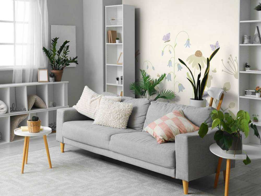 Blomsterfält högt med fjärilar beige, gammelrosa, grön och syren