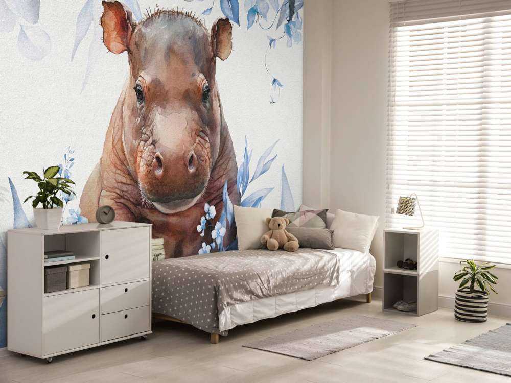 Flodhästbebis i bladen blå