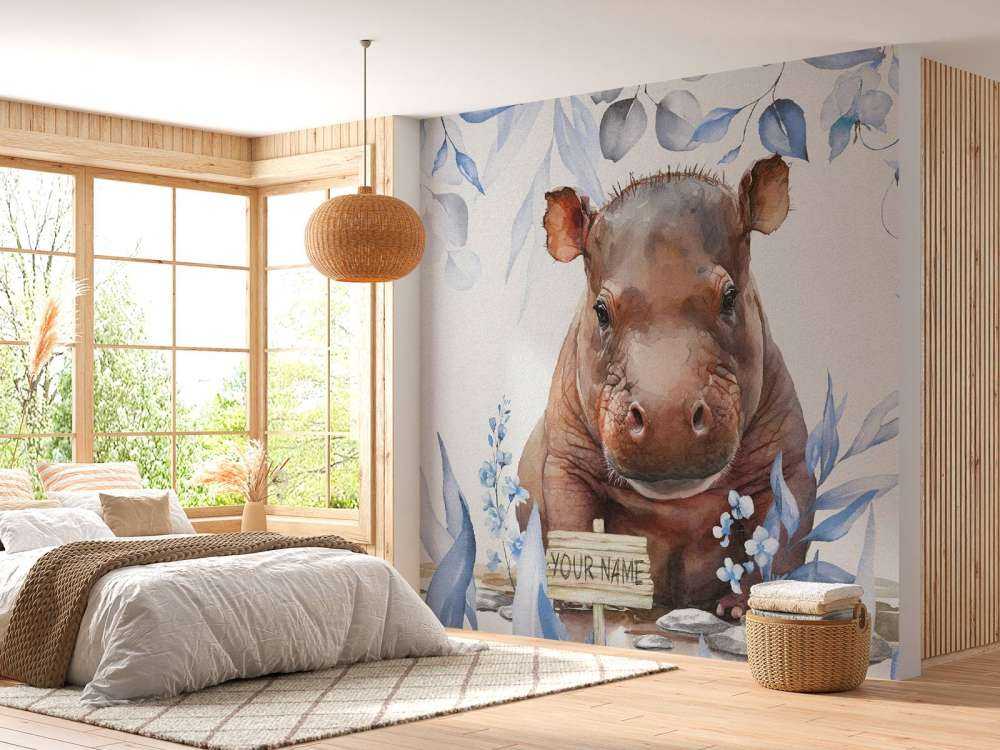 Flodhästbebis i bladen blå