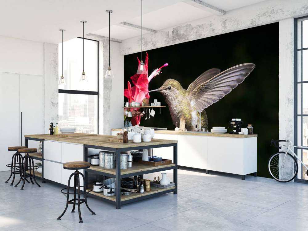 Kolibri med rød blomst