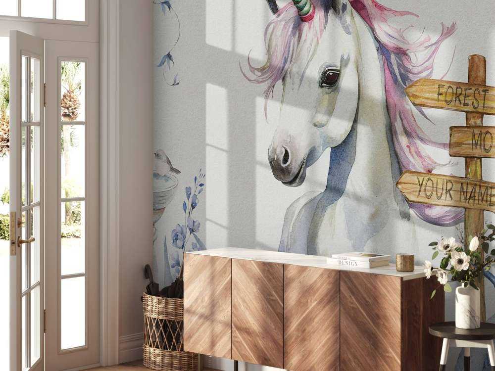 Baby-enhjørning med planter blå