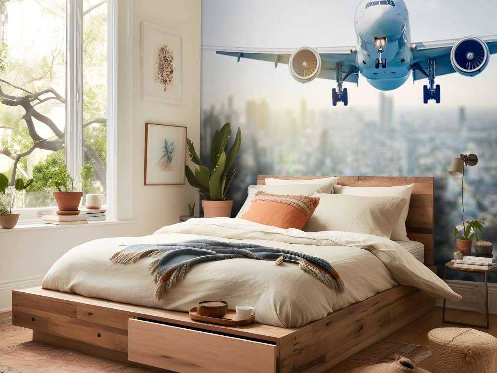 Fallande flygplan över en stad