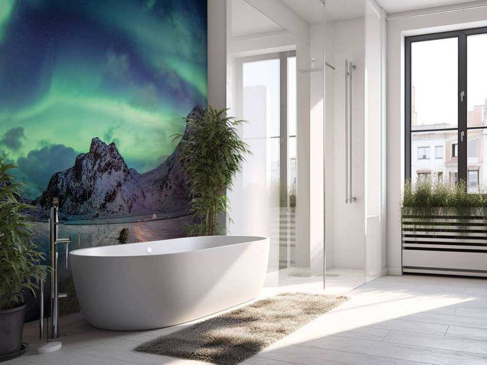 Nordlys over sneklædte bjerge