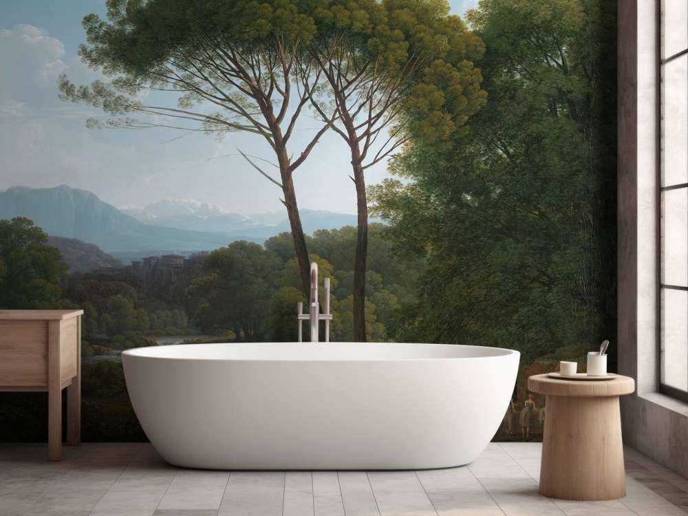 Italiensk landskapp med furutrær