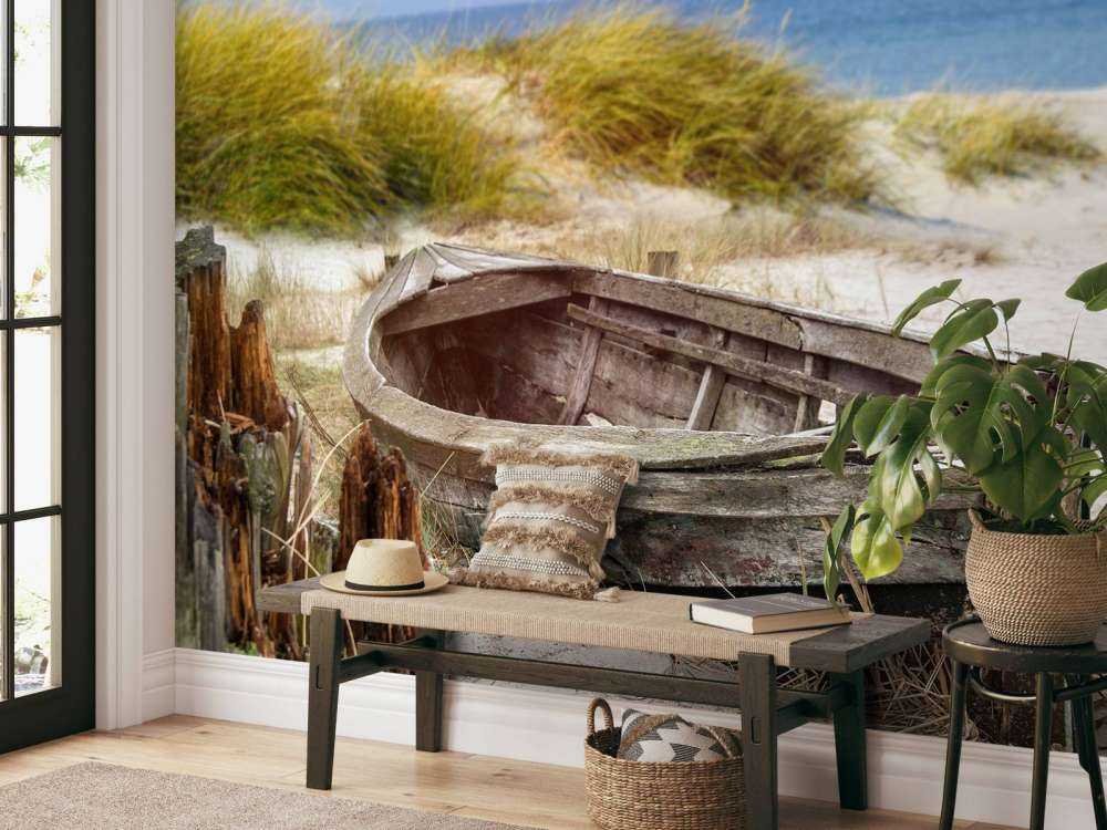 Gammel fiskebåt, måker, strand og sjø