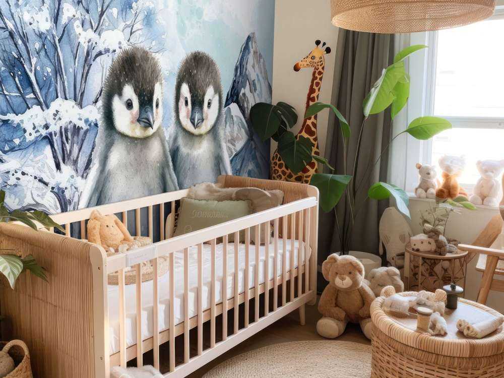 Skyggefulle pingviner i vinterlandskap