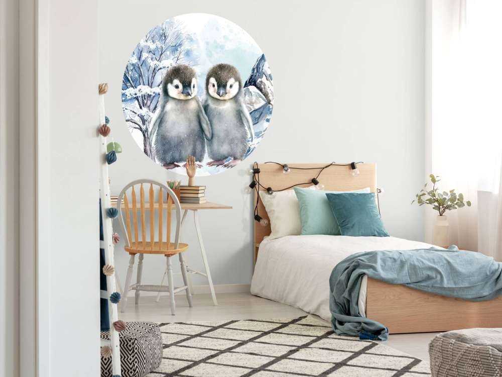 Skyggefulle pingviner i vinterlandskap