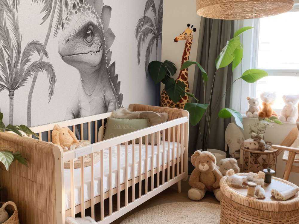 Baby stegosaurus i den beige djungeln