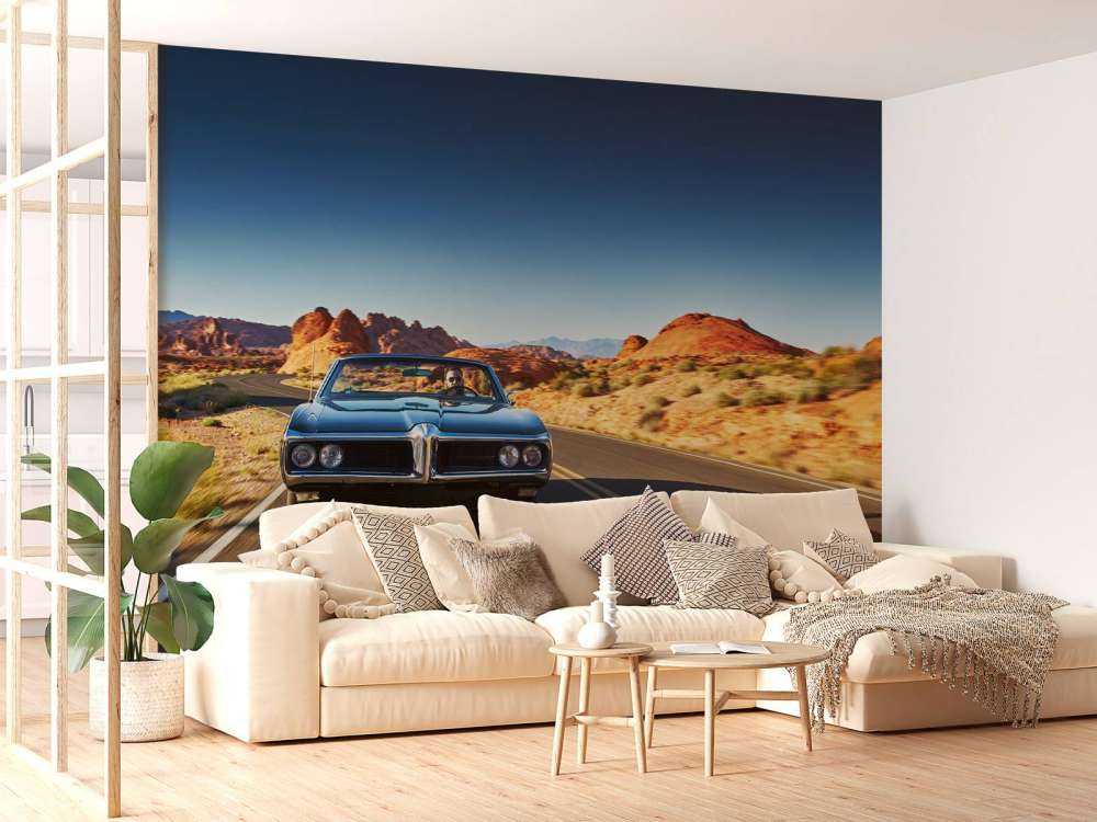 Muskelbil i et amerikansk landskab