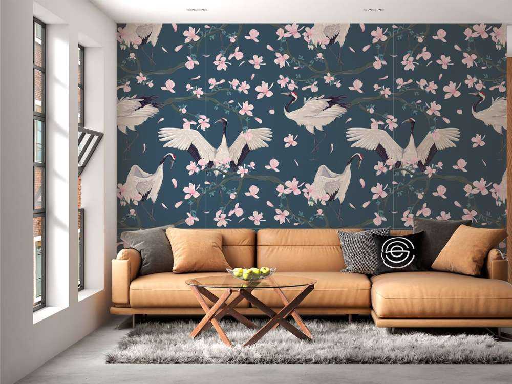 Kraanvogels met magnolia's