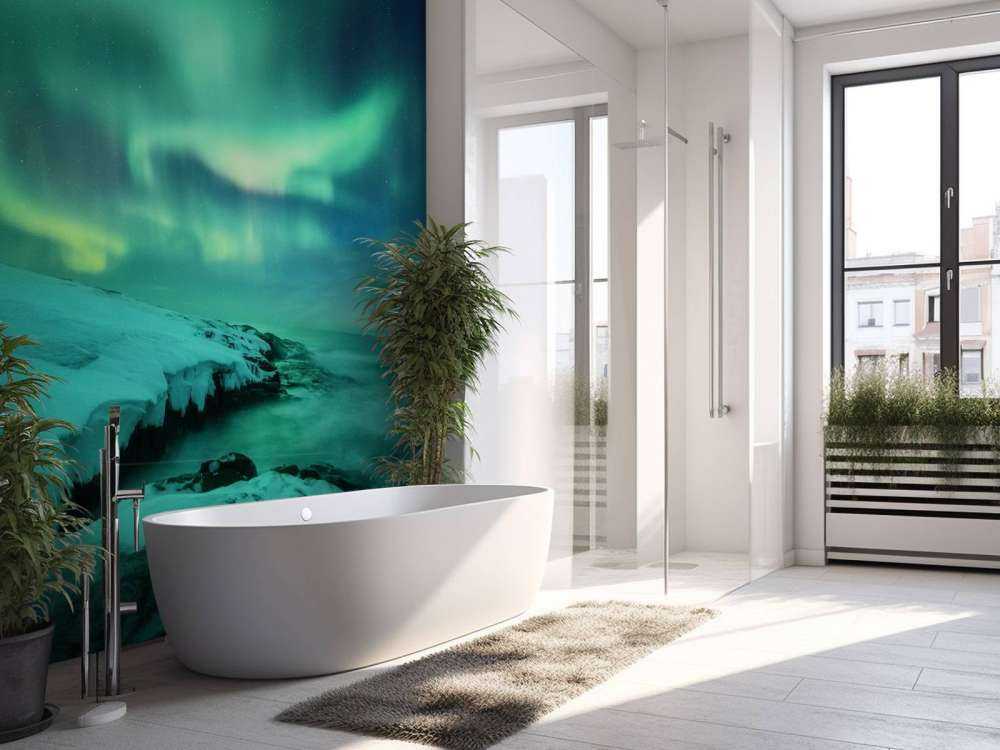 Grønt nordlys over snedækkede klipper