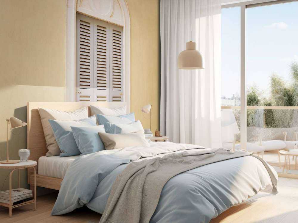 Vindue med træskodder på gul væg