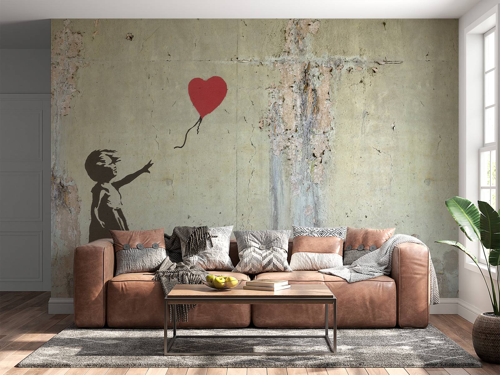 Fotobehang - Banksy - Balloon girl, raw concrete - Fototapet, image size:1600x1200