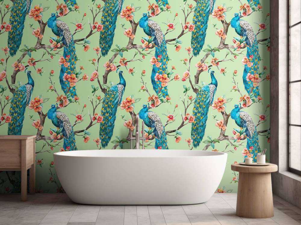 Påfugl med Hageblomster