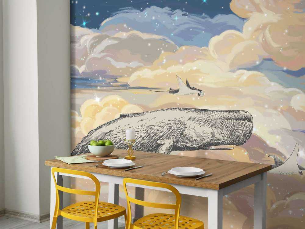 Hval svømmer gjennom skyene