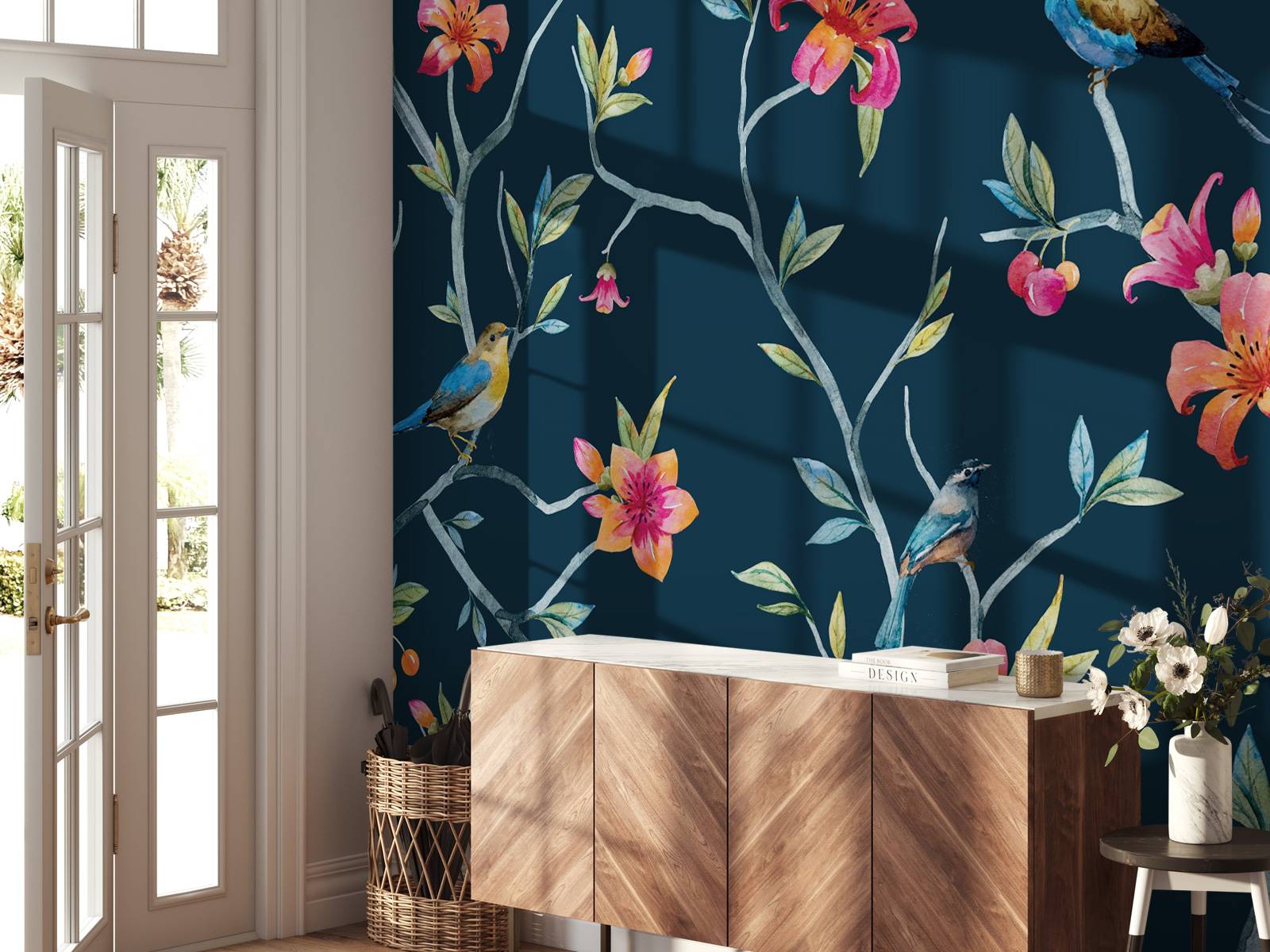 Tropiske blomster og fugler