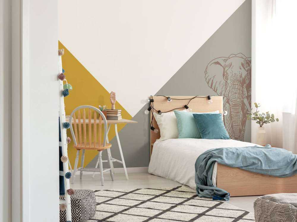 Trianglar i ockergult och grönt med elefant