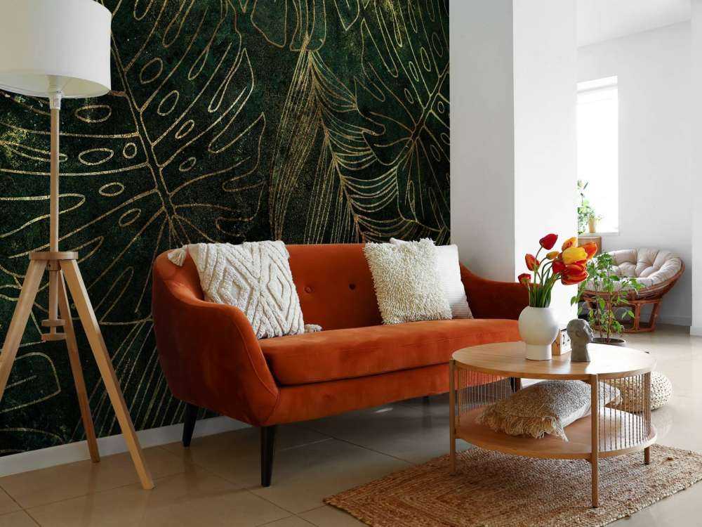 Grön textur med gyllene blad