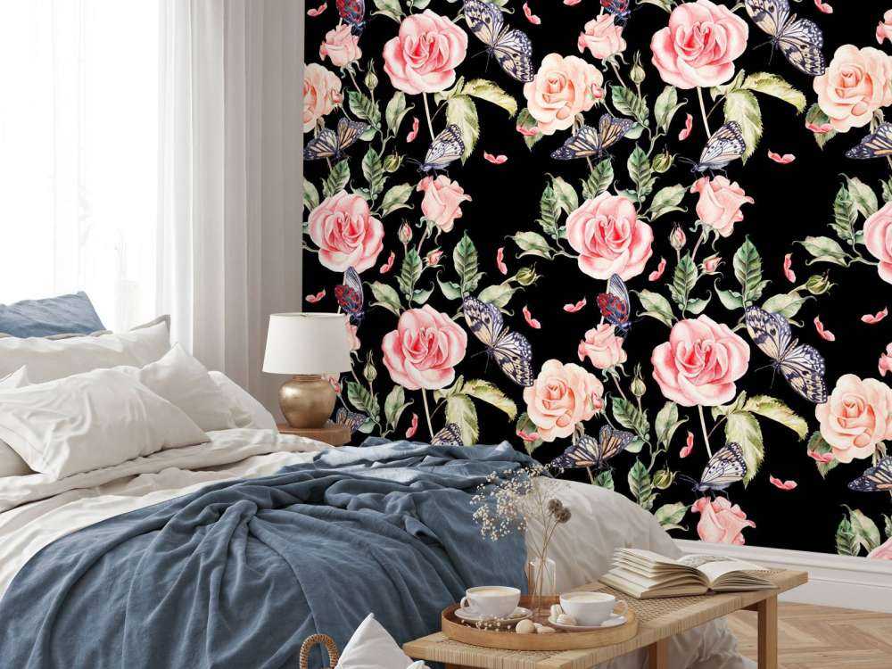 Blommor och fjärilar i akvarell