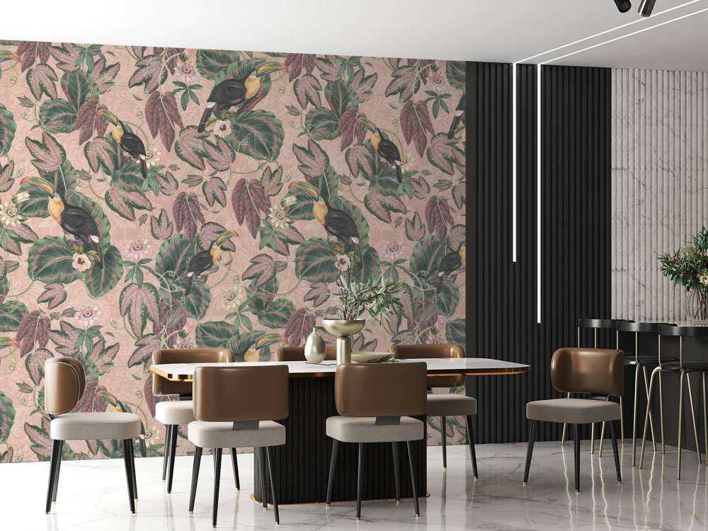 Tropiska djungelns fåglar och tukaner - rosa