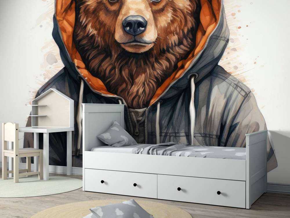 Akvarell tecknad grizzlybjörn i en huvtröja